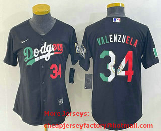 Women's Los Angeles Dodgers #34 Fernando Valenzuela Mexico Number Black Cool Base Stitched Baseball Jersey
