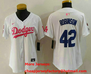 Women's Los Angeles Dodgers #42 Jackie Robinson White Pink With Patch Limited Stitched Jersey