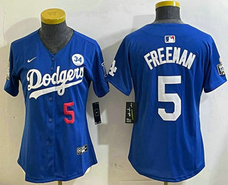 Women's Los Angeles Dodgers #5 Freddie Freeman Number Blue 2024 World Series With Fernando 34 Patch Limited Stitched Jersey 11