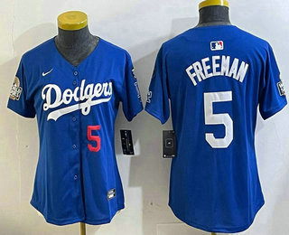 Women's Los Angeles Dodgers #5 Freddie Freeman Number Blue 2024 World Series With Fernando 34 Patch Limited Stitched Jersey
