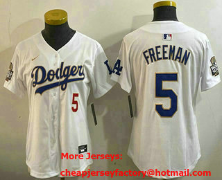 Women's Los Angeles Dodgers #5 Freddie Freeman White Gold 2024 World Series Limited Jersey