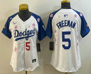 Women's Los Angeles Dodgers #5 Freddie Freeman White Royal 2025 Tokyo Series Limited Stitched Jersey