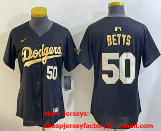 Women's Los Angeles Dodgers #50 Mookie Betts Black Gold Stitched Cool Base Jersey