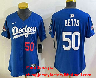 Women's Los Angeles Dodgers #50 Mookie Betts Blue 2024 World Series Champions Fernando 34 Patch Limited Fashion Jersey