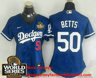Women's Los Angeles Dodgers #50 Mookie Betts Number Blue 2024 World Series Limited Stitched Jersey