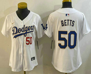 Women's Los Angeles Dodgers #50 Mookie Betts White Gold Stitched Limited Fashion Jersey