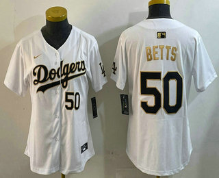 Women's Los Angeles Dodgers #50 Mookie Betts White Gold Stitched Limited Jersey