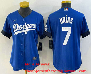 Women's Los Angeles Dodgers #7 Julio Urias Blue 2021 City Connect Cool Base Stitched Jersey 01