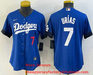 Women's Los Angeles Dodgers #7 Julio Urias Blue 2021 City Connect Number Cool Base Stitched Jersey 01