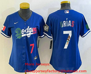 Women's Los Angeles Dodgers #7 Julio Urias Number Blue 2020 World Series Cool Base Nike Jersey 003