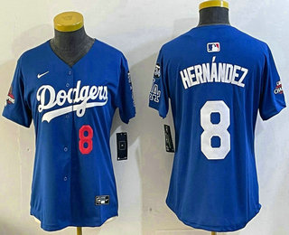 Women's Los Angeles Dodgers #8 Enrique Hernandez Blue 2024 World Series Champions Fernando 34 Patch Limited Jersey