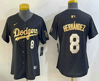 Women's Los Angeles Dodgers #8 Enrique Hernandez Number Black Gold Stitched Jersey