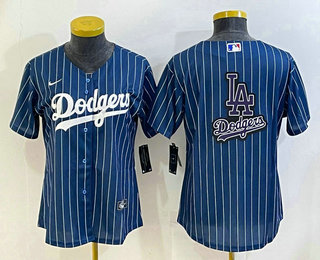 Women's Los Angeles Dodgers Big Logo Navy Blue Pinstripe Stitched MLB Cool Base Nike Jersey 01