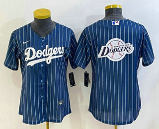 Women's Los Angeles Dodgers Big Logo Navy Blue Pinstripe Stitched MLB Cool Base Nike Jersey 02