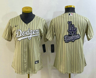 Women's Los Angeles Dodgers Big Logo Number Cream Pinstripe Stitched MLB Cool Base Nike Jersey 01