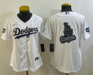 Women's Los Angeles Dodgers Big Logo White Gold Championship Stitched MLB Cool Base Nike Jersey 01