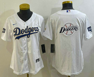 Women's Los Angeles Dodgers Big Logo White Gold Championship Stitched MLB Cool Base Nike Jersey 02