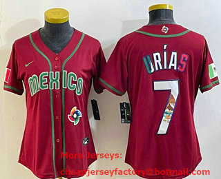 Women's Mexico Baseball #7 Julio Urias 2023 Red World Baseball Classic Stitched Jersey 04