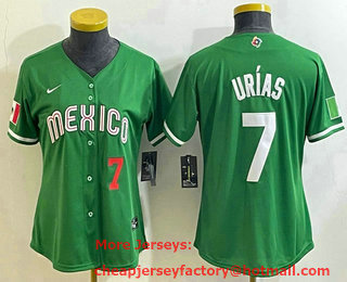 Women's Mexico Baseball #7 Julio Urias Number 2023 Green World Classic Stitched Jersey 17