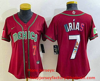 Women's Mexico Baseball #7 Julio Urias Number 2023 Red World Baseball Classic Stitched Jersey 01