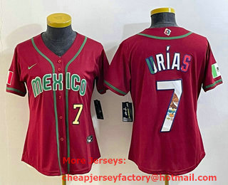 Women's Mexico Baseball #7 Julio Urias Number 2023 Red World Baseball Classic Stitched Jersey 02