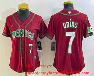 Women's Mexico Baseball #7 Julio Urias Number 2023 Red World Baseball Classic Stitched Jersey 03