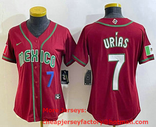 Women's Mexico Baseball #7 Julio Urias Number 2023 Red World Baseball Classic Stitched Jersey 09