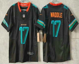 Women's Miami Dolphins #17 Jaylen Waddle Limited Black Rivalries FUSE Vapor Stitched Jersey