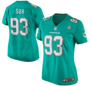 Women's Miami Dolphins #93 Ndamukong Suh Aqua Green Team Color 2015 NFL 50th Patch Nike Game Jersey