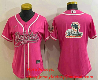 Women's Miami Dolphins Pink Team Big Logo With Patch Cool Base Stitched Baseball Jersey
