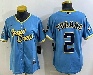 Women's Milwaukee Brewers #2 Brice Turang Blue 2022 City Cool Base Jersey