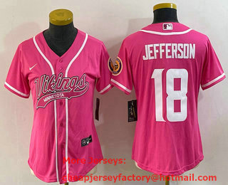 Women's Minnesota Vikings #18 Justin Jefferson Pink With Patch Cool Base Stitched Baseball Jersey