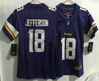  Women's Minnesota Vikings #18 Justin Jefferson Limited Purple Vapor Untouchable Jersey 