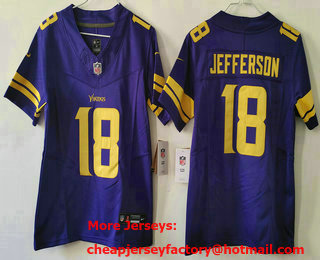 Women's Minnesota Vikings #18 Justin Jefferson Purple 2023 FUSE Color Rush Vapor Limited Jersey