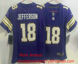 Women's Minnesota Vikings #18 Justin Jefferson Purple Limited Stitched Throwback Jersey