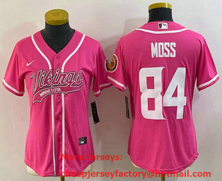 Women's Minnesota Vikings #84 Randy Moss Pink With Patch Cool Base Stitched Baseball Jersey