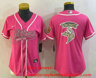 Women's Minnesota Vikings Pink Team Big Logo With Patch Cool Base Stitched Baseball Jersey