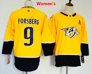 Women's Nashville Predators #9 Filip Forsberg Yellow With A Patch Home 2017-2018 Hockey Stitched NHL Jersey