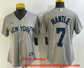 Women's New York Yankees #7 Mickey Mantle Name 2021 Grey Field of Dreams Cool Base Stitched Jersey