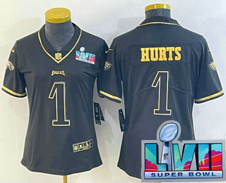 Women's Philadelphia Eagles #1 Jalen Hurts Black Golden Super Bowl LVII Stitched Limited Jersey