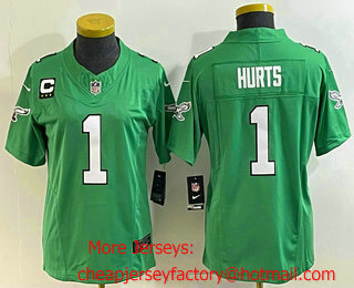 Women's Philadelphia Eagles #1 Jalen Hurts Green C Patch 2023 FUSE Vapor Limited Throwback Stitched Jersey