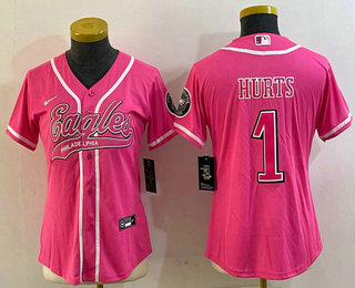 Women's Philadelphia Eagles #1 Jalen Hurts Pink With Patch Cool Base Stitched Baseball Jersey