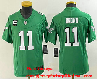 Women's Philadelphia Eagles #11 AJ Brown Green C Patch 2023 FUSE Vapor Limited Throwback Stitched Jersey