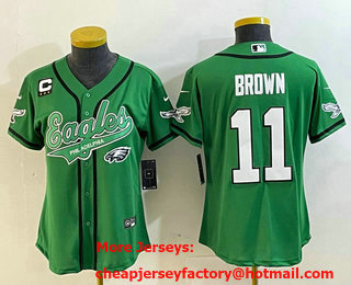 Women's Philadelphia Eagles #11 AJ Brown Green C Patch Cool Base Stitched Baseball Jersey 01