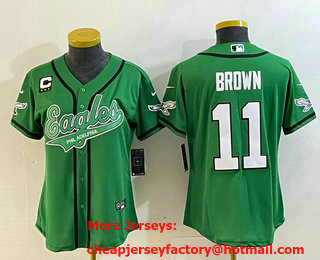 Women's Philadelphia Eagles #11 AJ Brown Green C Patch Cool Base Stitched Baseball Jersey
