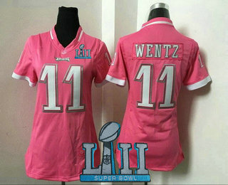Women's Philadelphia Eagles #11 Carson Wentz Pink 2018 Super Bowl LII Patch Breast Cancer Awareness Stitched NFL Nike Fashion Jersey