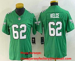 Women's Philadelphia Eagles #62 Jason Kelce Green 2023 FUSE Vapor Limited Throwback Stitched Jersey