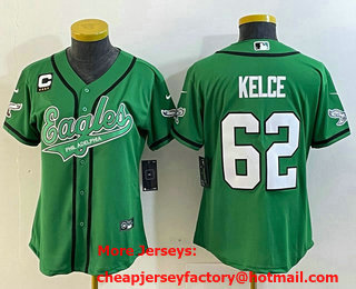 Women's Philadelphia Eagles #62 Jason Kelce Green C Patch Cool Base Stitched Baseball Jersey 01