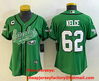 Women's Philadelphia Eagles #62 Jason Kelce Green C Patch Cool Base Stitched Baseball Jersey