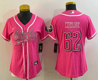 Women's Philadelphia Eagles #62 Jason Kelce Pink With Patch Cool Base Stitched Baseball Jersey